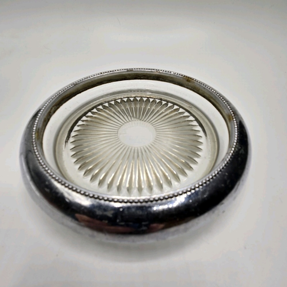 Vintage Italy Silver Plated Rim Glass Ashtray/Trinket Jewelry Dish 5.5" Diameter